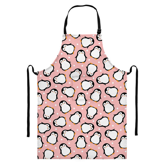 Pink Polka Dot Penguin Pattern Print Bib Apron With Pocket