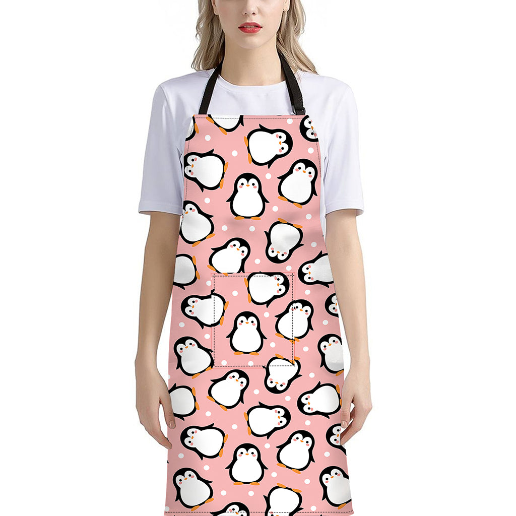 Pink Polka Dot Penguin Pattern Print Bib Apron With Pocket
