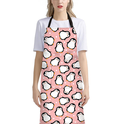 Pink Polka Dot Penguin Pattern Print Bib Apron With Pocket