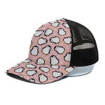 Pink Polka Dot Penguin Pattern Print Black Mesh Trucker Cap