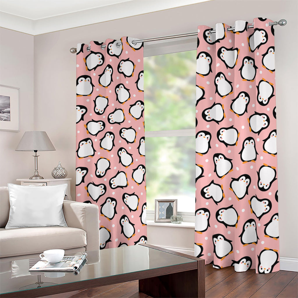 Pink Polka Dot Penguin Pattern Print Blackout Grommet Curtains