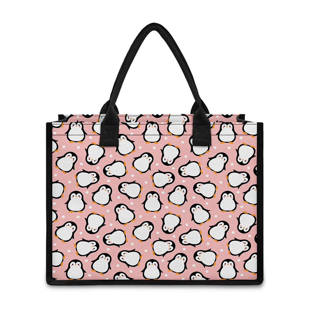 Pink Polka Dot Penguin Pattern Print Canvas Tote Bag