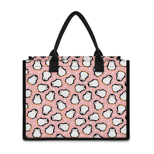 Pink Polka Dot Penguin Pattern Print Canvas Tote Bag