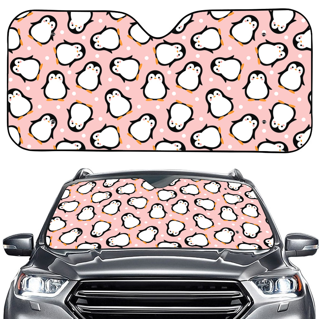 Pink Polka Dot Penguin Pattern Print Car Windshield Sun Shade