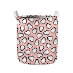 Pink Polka Dot Penguin Pattern Print Collapsible Laundry Basket