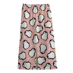 Pink Polka Dot Penguin Pattern Print Cotton Front Slit Maxi Skirt