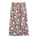 Pink Polka Dot Penguin Pattern Print Cotton Front Slit Maxi Skirt