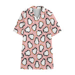 Pink Polka Dot Penguin Pattern Print Cotton Hawaiian Shirt