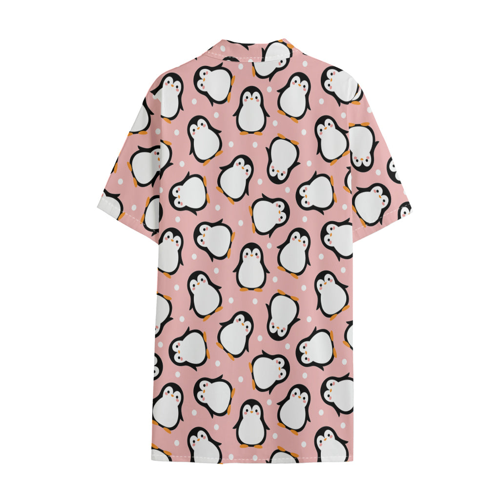 Pink Polka Dot Penguin Pattern Print Cotton Hawaiian Shirt