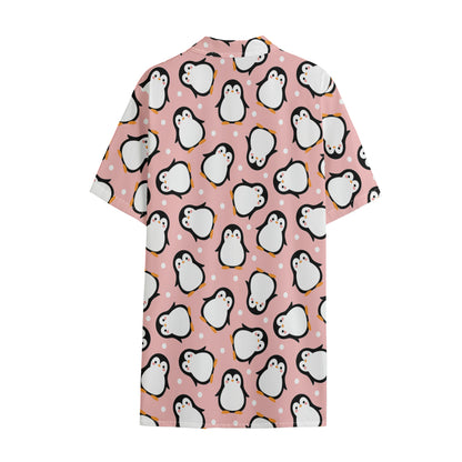 Pink Polka Dot Penguin Pattern Print Cotton Hawaiian Shirt