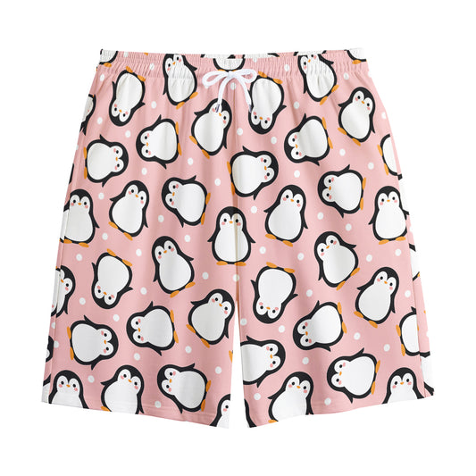 Pink Polka Dot Penguin Pattern Print Cotton Shorts