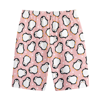 Pink Polka Dot Penguin Pattern Print Cotton Shorts