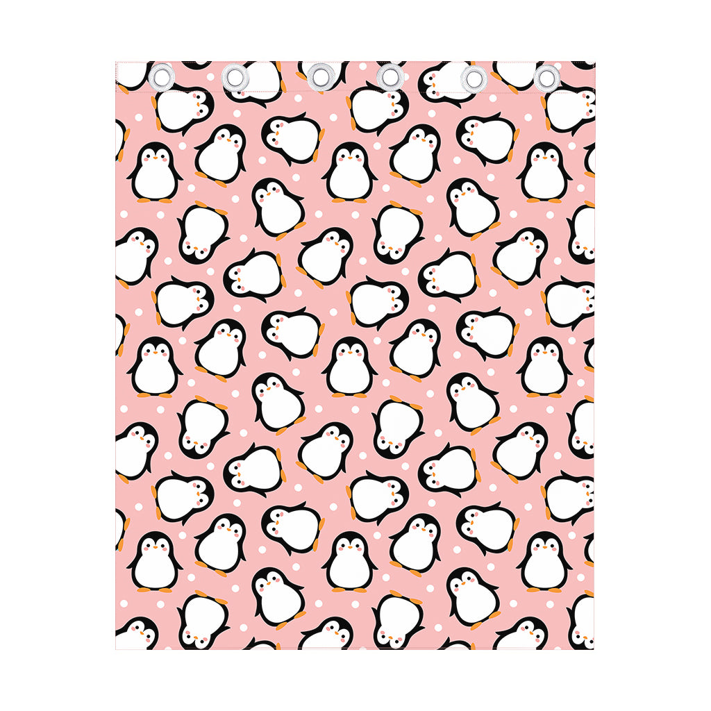 Pink Polka Dot Penguin Pattern Print Curtain