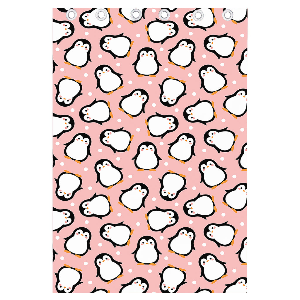 Pink Polka Dot Penguin Pattern Print Curtain