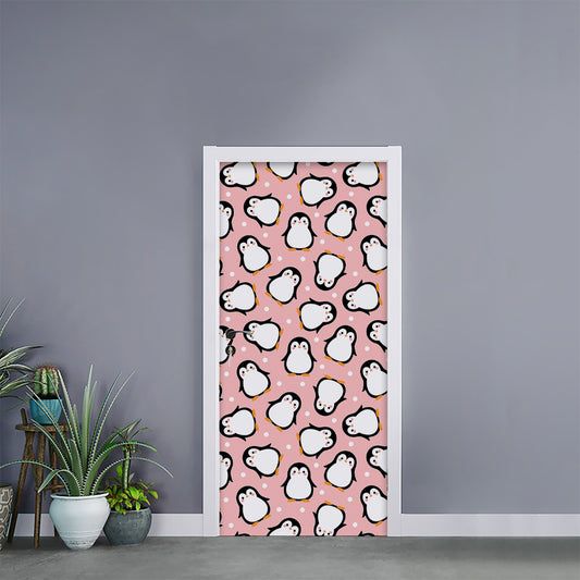 Pink Polka Dot Penguin Pattern Print Door Sticker
