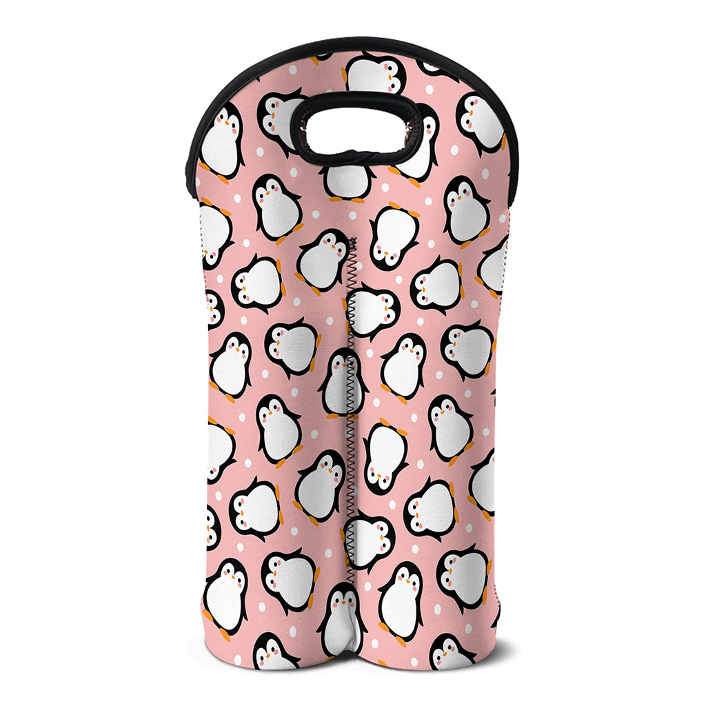 Pink Polka Dot Penguin Pattern Print Double Neoprene Wine Tote