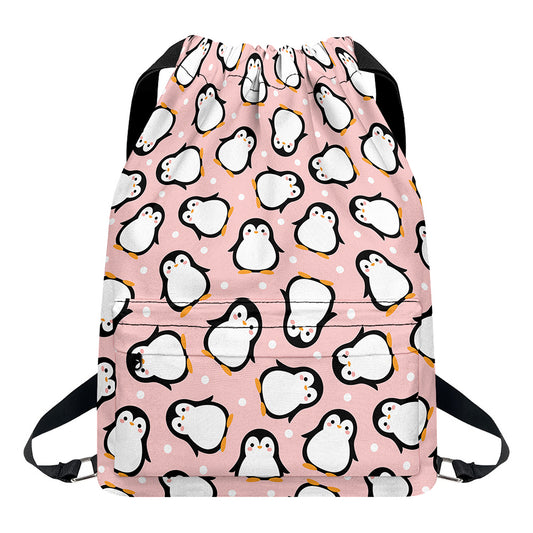 Pink Polka Dot Penguin Pattern Print Drawstring Backpack