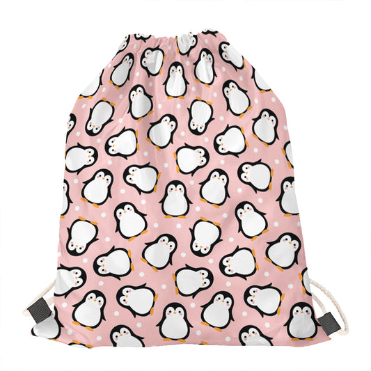 Pink Polka Dot Penguin Pattern Print Drawstring Bag