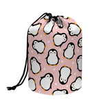 Pink Polka Dot Penguin Pattern Print Drawstring Makeup Bag