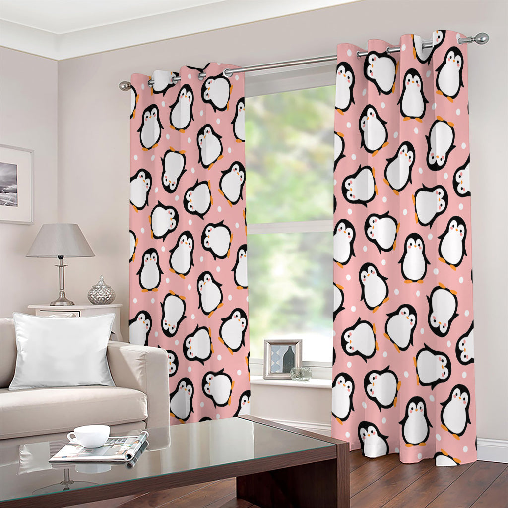 Pink Polka Dot Penguin Pattern Print Extra Wide Grommet Curtains