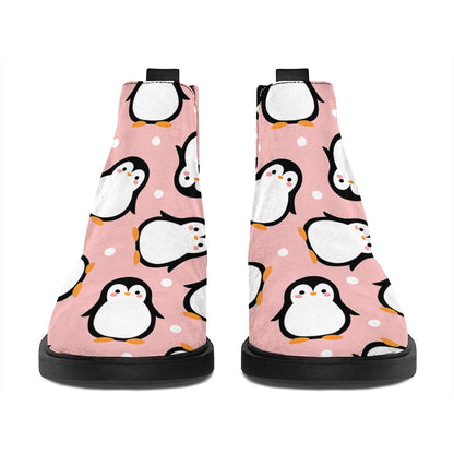 Pink Polka Dot Penguin Pattern Print Flat Ankle Boots