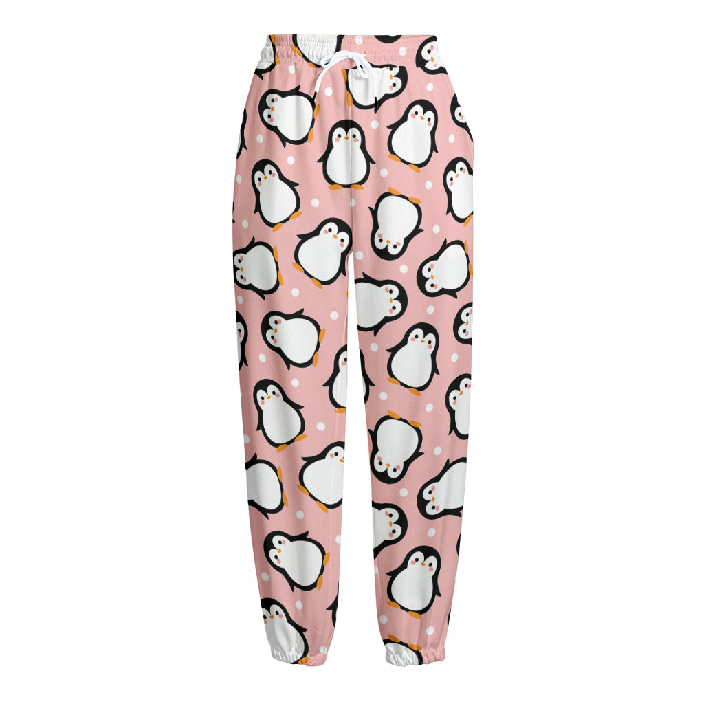 Pink Polka Dot Penguin Pattern Print Fleece Lined Knit Pants