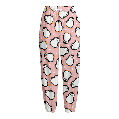 Pink Polka Dot Penguin Pattern Print Fleece Lined Knit Pants