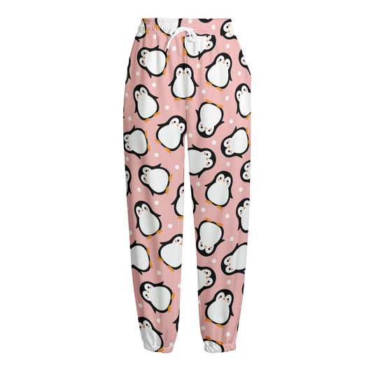 Pink Polka Dot Penguin Pattern Print Fleece Lined Knit Pants