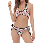 Pink Polka Dot Penguin Pattern Print Halter Scoop Tie Side Bikini