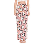 Pink Polka Dot Penguin Pattern Print High Slit Maxi Skirt