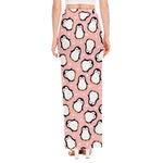 Pink Polka Dot Penguin Pattern Print High Slit Maxi Skirt