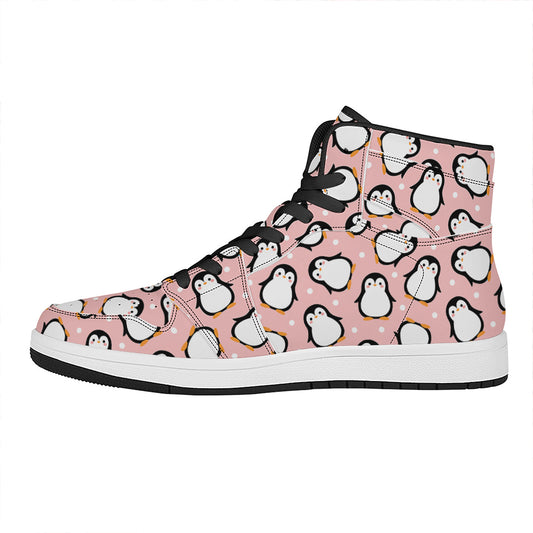 Pink Polka Dot Penguin Pattern Print High Top Leather Sneakers