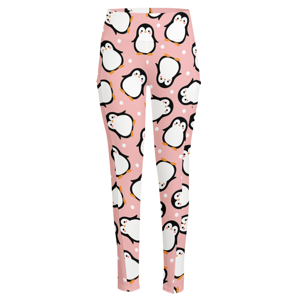 Pink Polka Dot Penguin Pattern Print High-Waisted Pocket Leggings