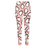Pink Polka Dot Penguin Pattern Print High-Waisted Pocket Leggings