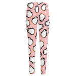 Pink Polka Dot Penguin Pattern Print High-Waisted Pocket Leggings