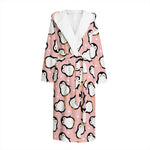 Pink Polka Dot Penguin Pattern Print Hooded Bathrobe