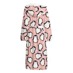 Pink Polka Dot Penguin Pattern Print Hooded Bathrobe