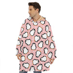 Pink Polka Dot Penguin Pattern Print Hoodie Blanket