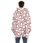 Pink Polka Dot Penguin Pattern Print Hoodie Blanket
