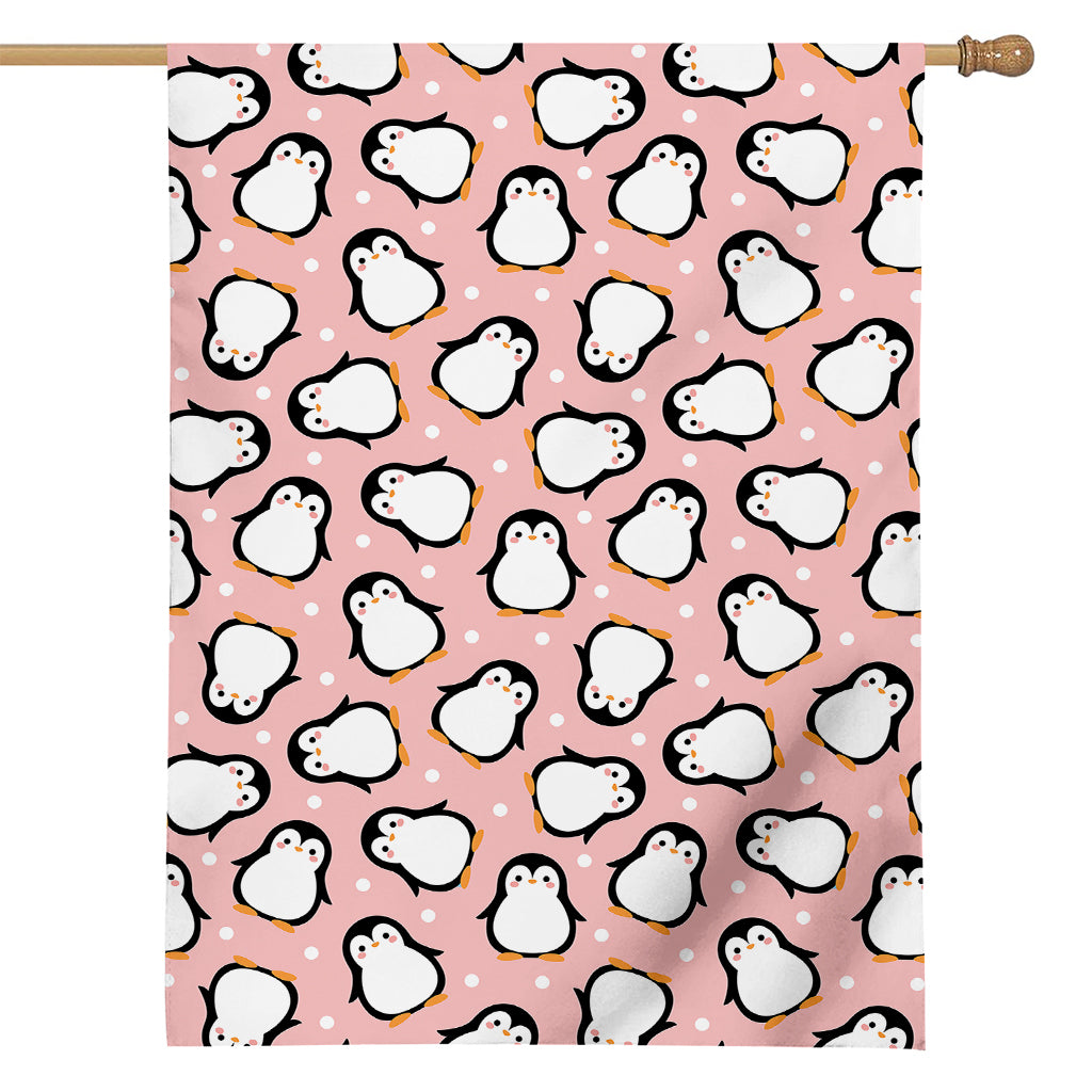 Pink Polka Dot Penguin Pattern Print House Flag