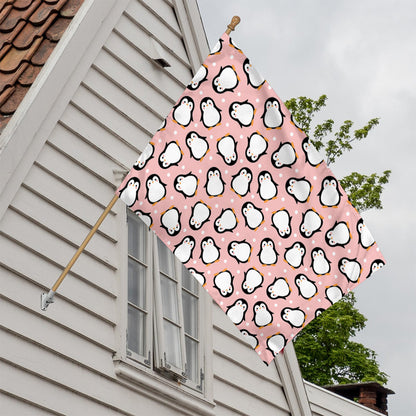 Pink Polka Dot Penguin Pattern Print House Flag