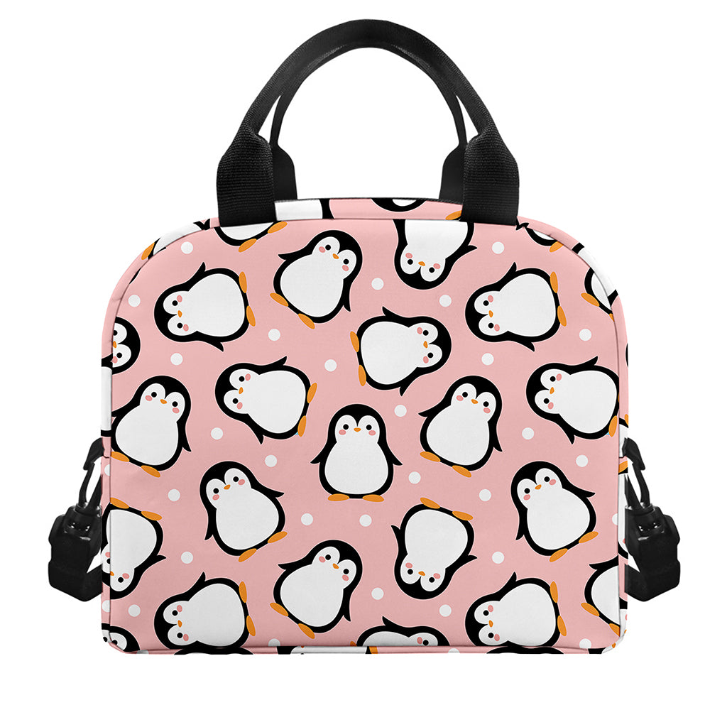 Pink Polka Dot Penguin Pattern Print Insulated Lunch Bag