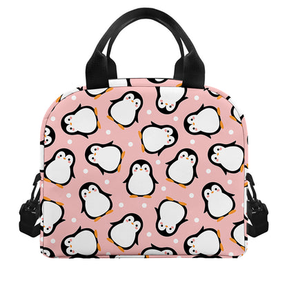 Pink Polka Dot Penguin Pattern Print Insulated Lunch Bag