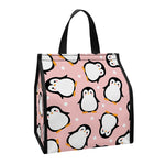 Pink Polka Dot Penguin Pattern Print Insulated Lunch Tote