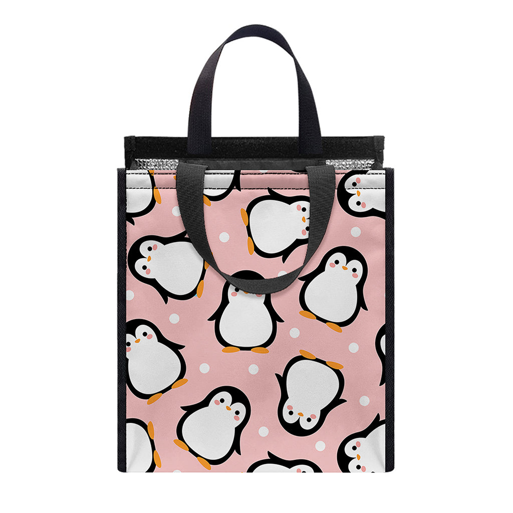 Pink Polka Dot Penguin Pattern Print Insulated Lunch Tote