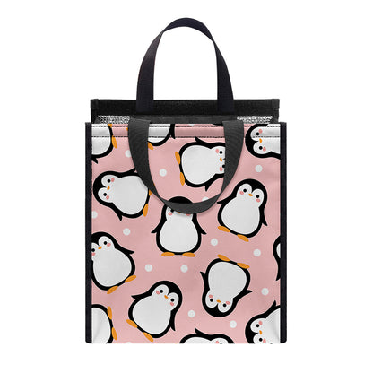 Pink Polka Dot Penguin Pattern Print Insulated Lunch Tote
