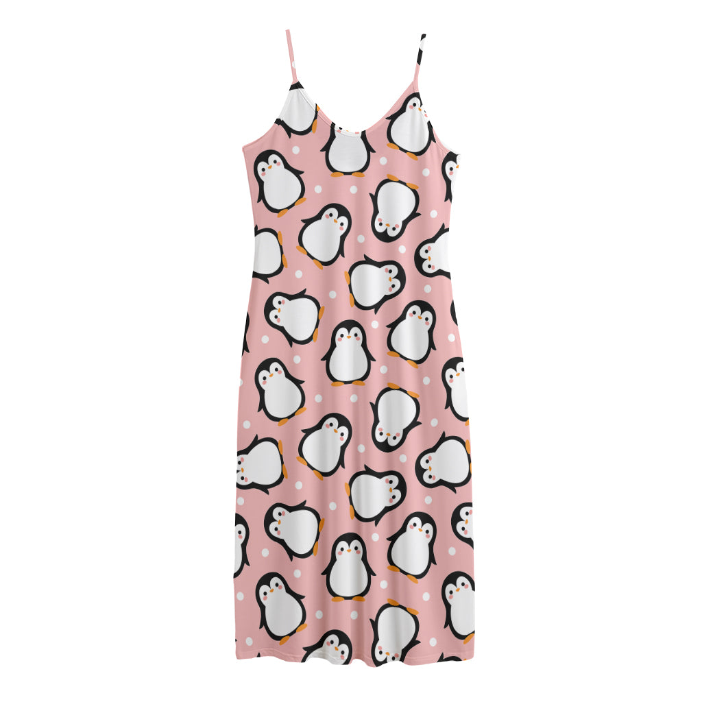 Pink Polka Dot Penguin Pattern Print Jersey Midi Cami Dress