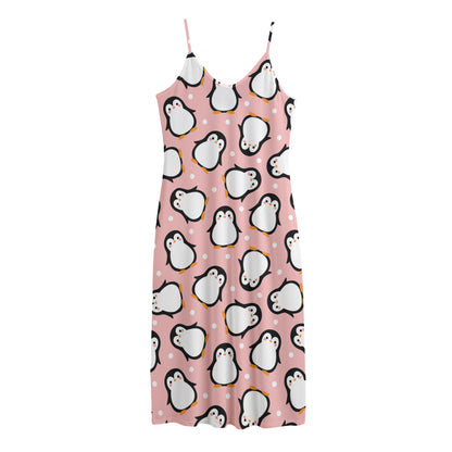 Pink Polka Dot Penguin Pattern Print Jersey Midi Cami Dress