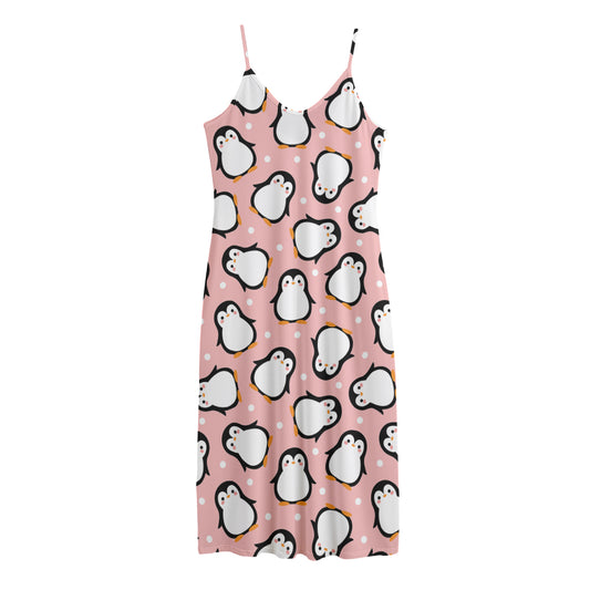 Pink Polka Dot Penguin Pattern Print Jersey Midi Cami Dress