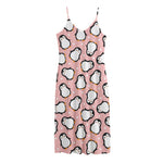 Pink Polka Dot Penguin Pattern Print Jersey Midi Cami Dress